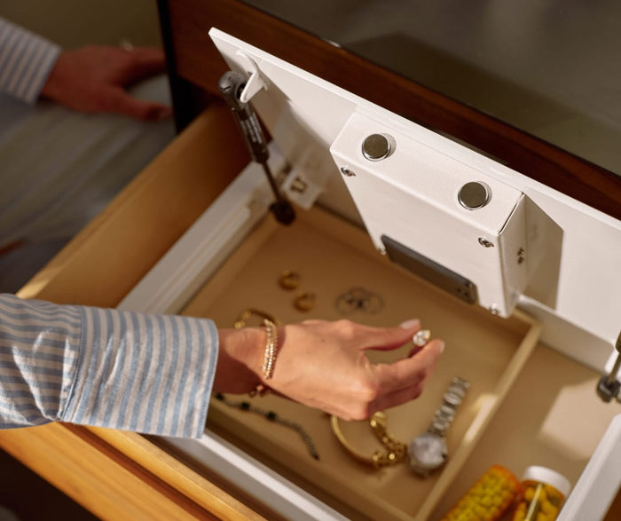 Arm Holding Jewelry with Indrawer Safe Open in Bedroom Safe