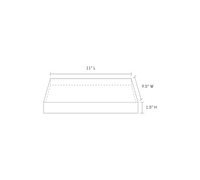 A line drawing of a fire safe tray that show dimensions of it being 11 inches in length, 9.5 inches in width, and 1.5 inches in height