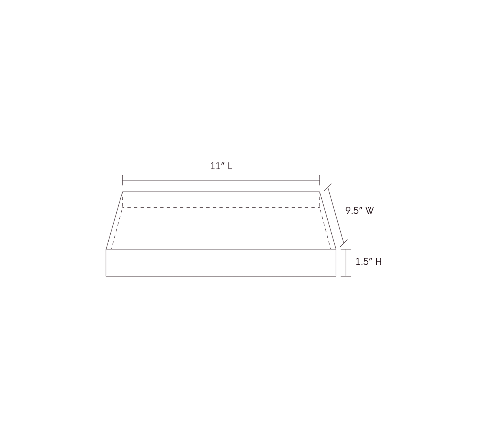 A line drawing of a fire safe tray that show dimensions of it being 11 inches in length, 9.5 inches in width, and 1.5 inches in height