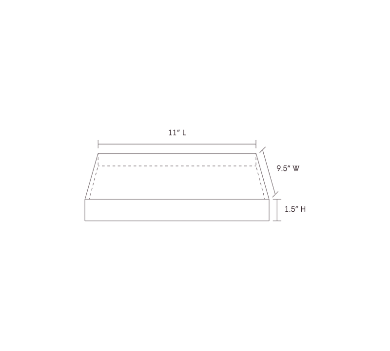 A line drawing of a fire safe tray that show dimensions of it being 11 inches in length, 9.5 inches in width, and 1.5 inches in height