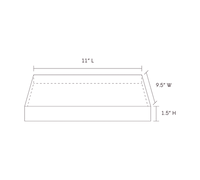 A line drawing of a fire safe tray that show dimensions of it being 11 inches in length, 9.5 inches in width, and 1.5 inches in height