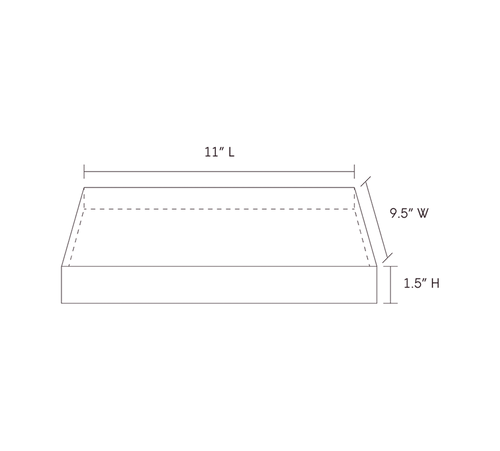 A line drawing of a fire safe tray that show dimensions of it being 11 inches in length, 9.5 inches in width, and 1.5 inches in height