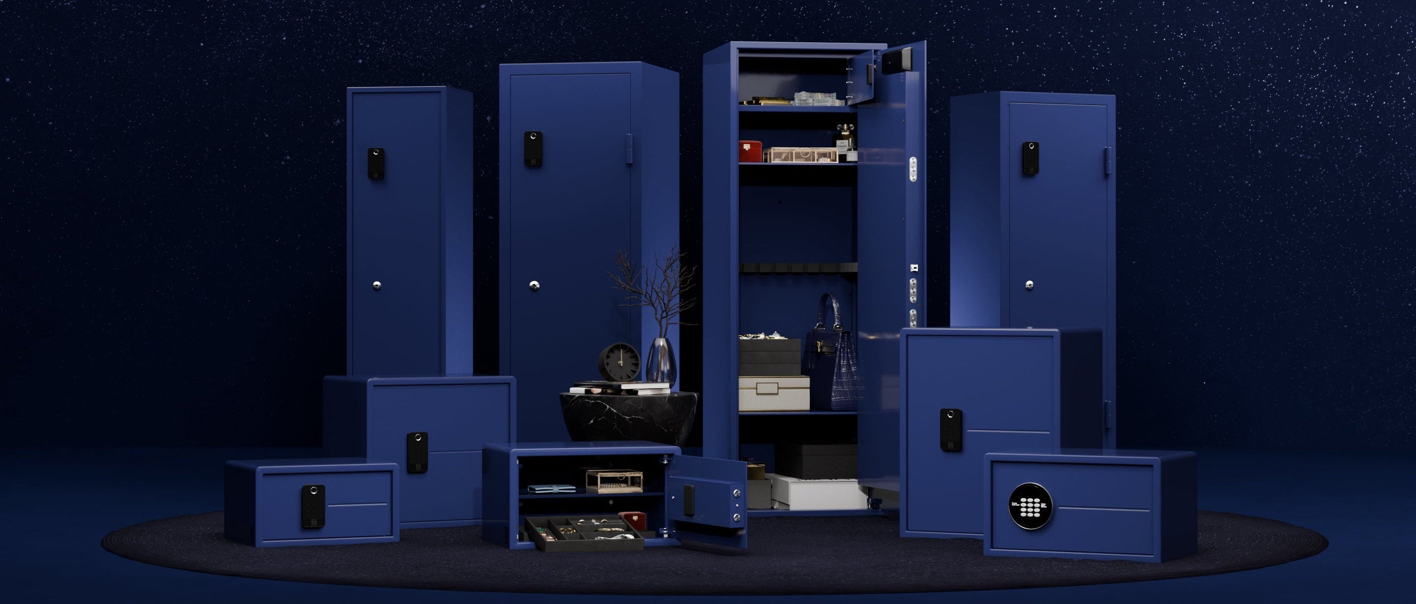 Blue storage lockers arranged in a circular pattern against a dark background