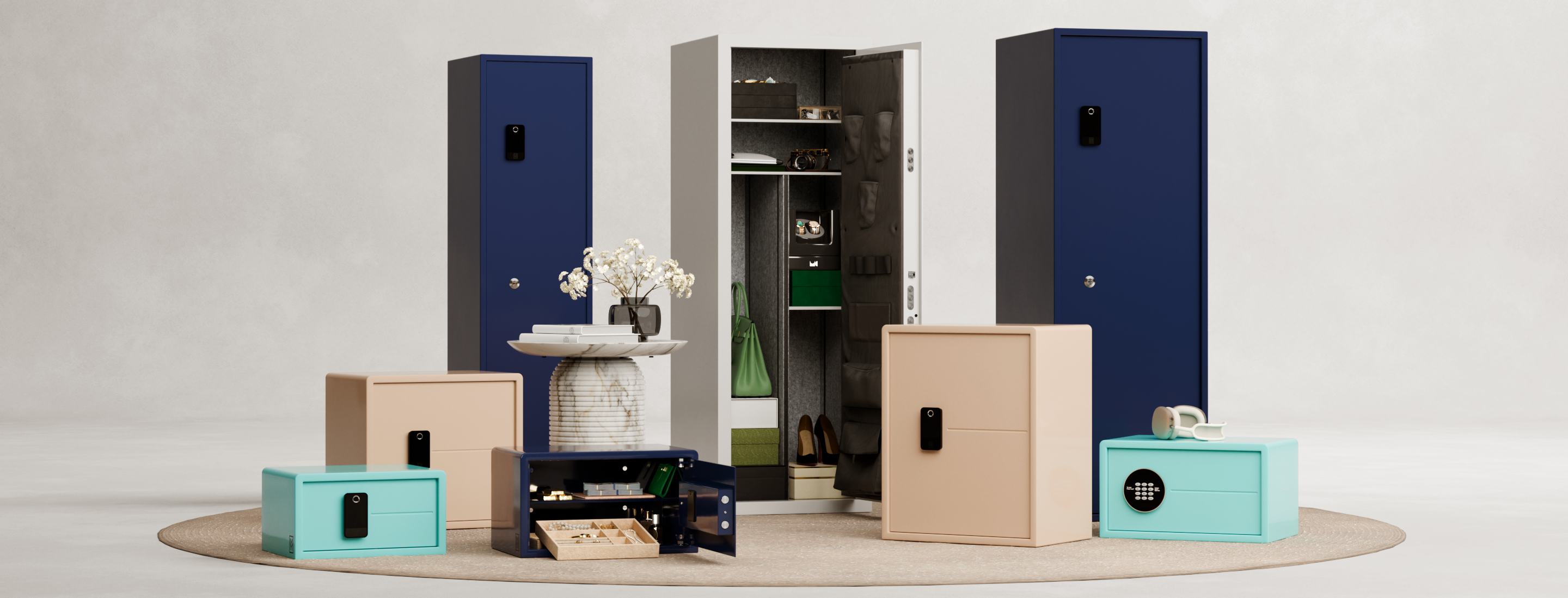 Collection of various lockers and storage units on a neutral background