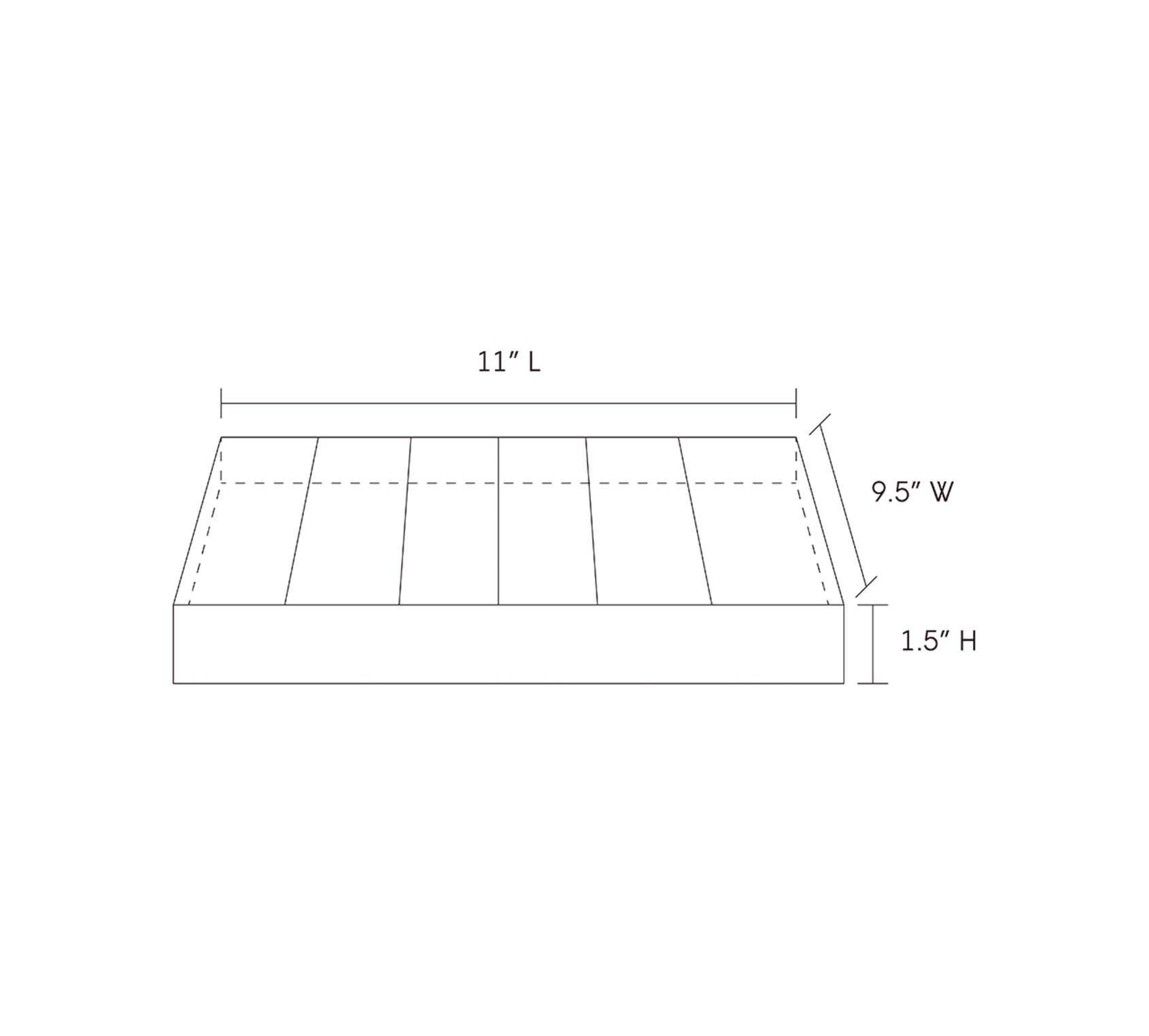 Line drawing of the 6V tray with dimensions of 11 inches in length, 9.5 inches in width, and 1.5 inches in height