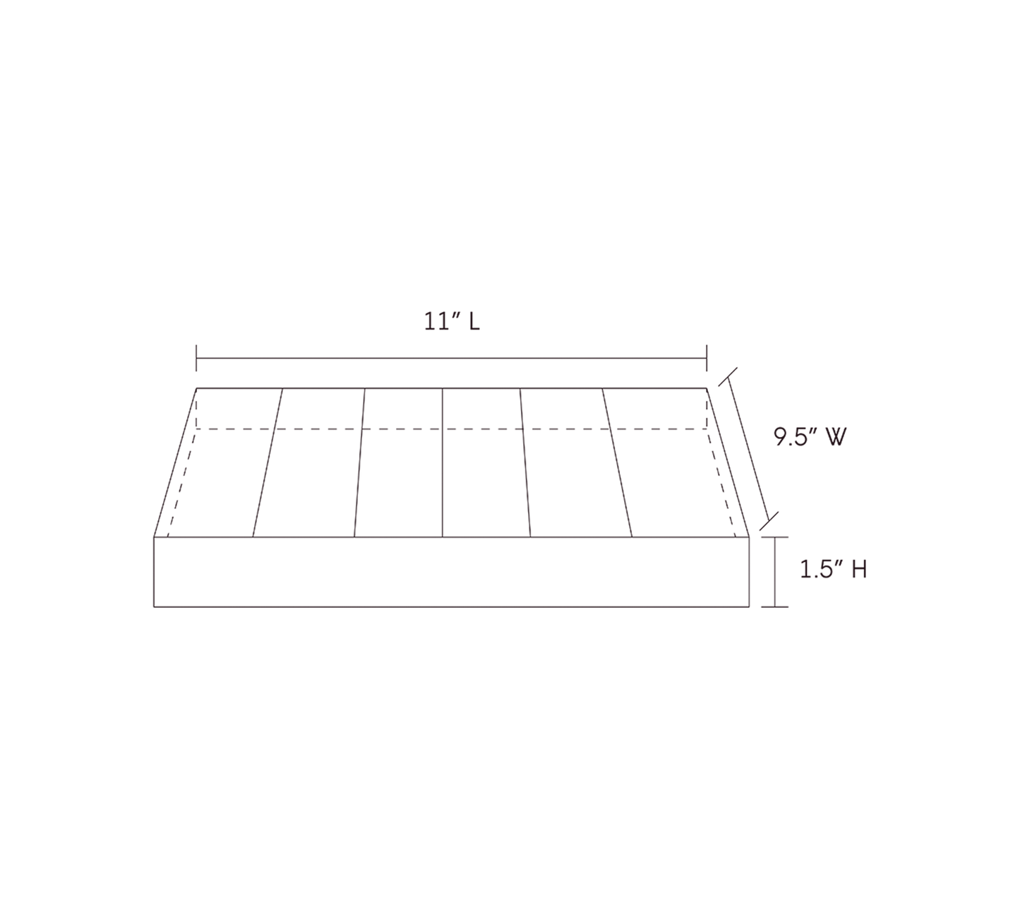 Line drawing of the 6V tray with dimensions of 11 inches in length, 9.5 inches in width, and 1.5 inches in height