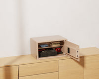 Mycube Classic safe in Cafe Au Lait with push-button keypad, three-quarter view with the door open