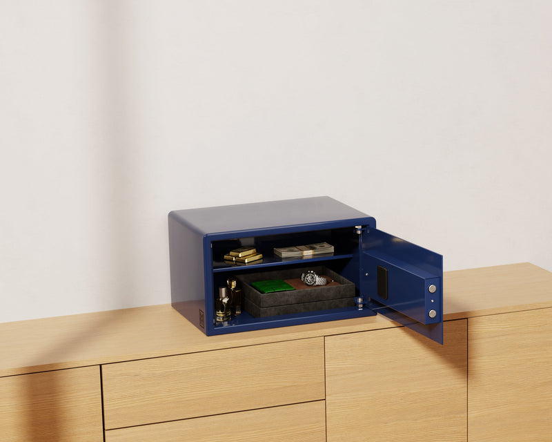 Mycube Classic safe in Midnight Blue with push-button keypad, three-quarter view with the door open