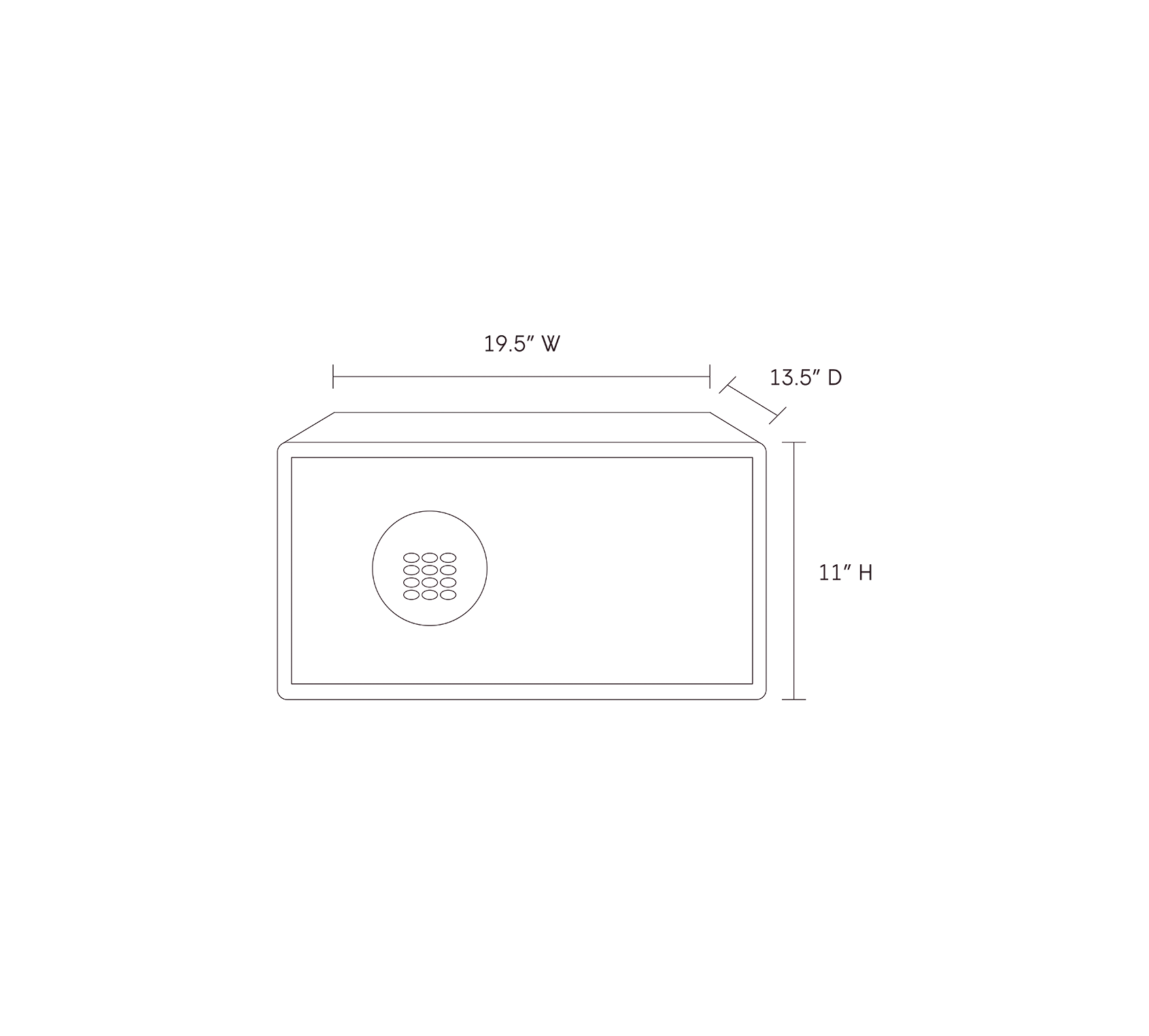Line drawing of the Mycube Classic with dimensions of 19.5 inches in width, 13.5 inches in depth, and 11 inches in height