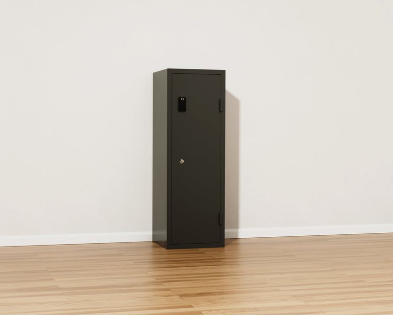 Mycube Max Grand Fire safe in Onyx Black, three-quarter view with the door closed