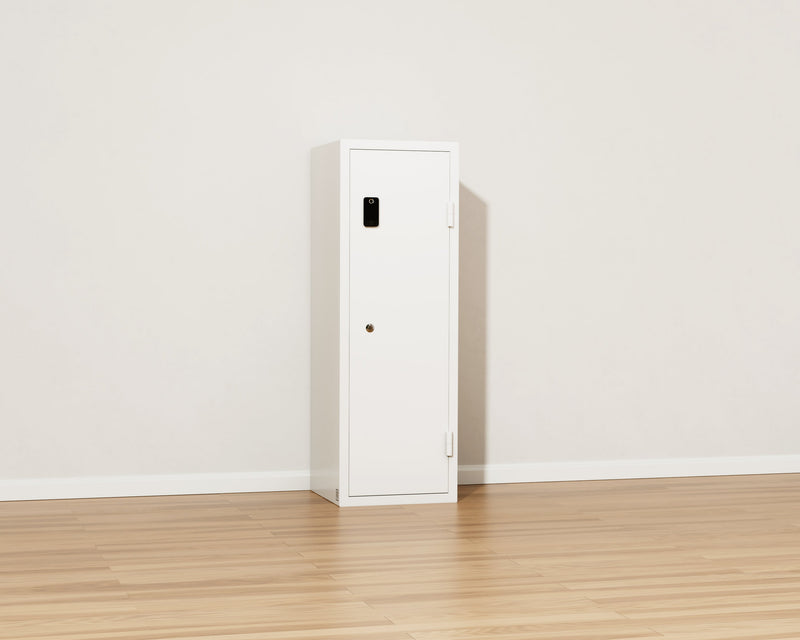 Mycube Max Grand Fire safe in Mycube White, three-quarter view with the door closed