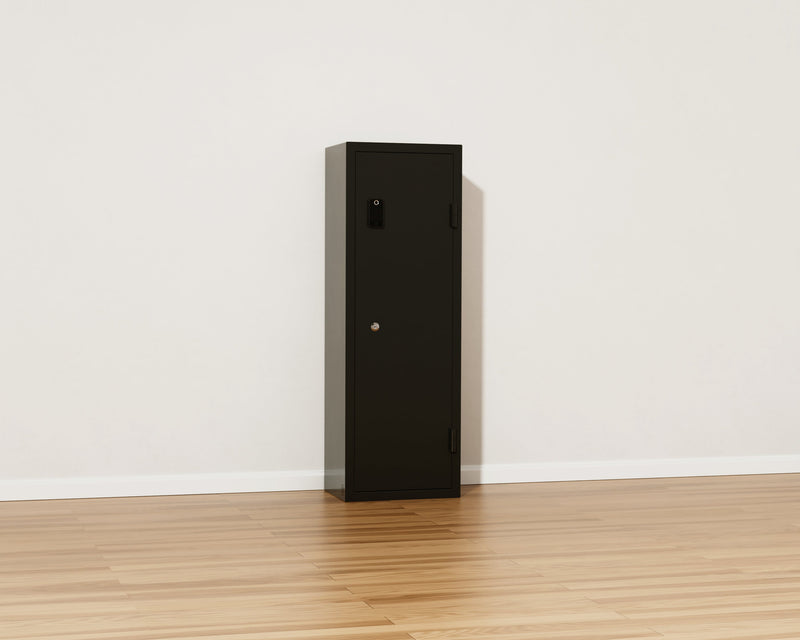 Mycube Max Classic Fire safe in Onyx Black, three-quarter view with the door closed