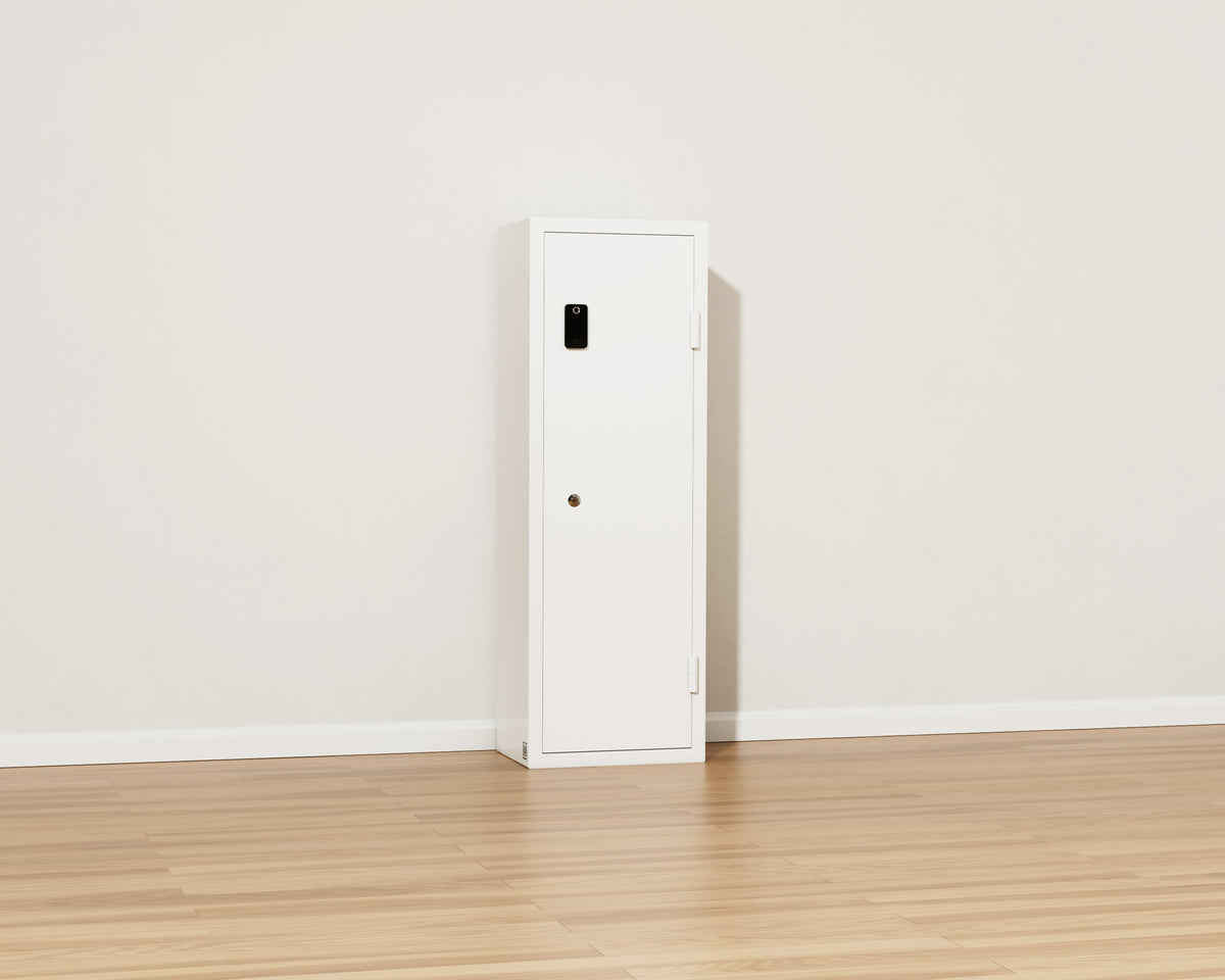 Mycube Max Classic Fire safe in Mycube White, three-quarter view with the door closed