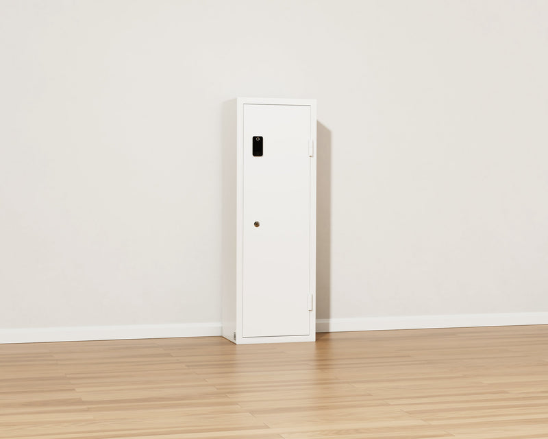 Mycube Max Classic Fire safe in Mycube White, three-quarter view with the door closed