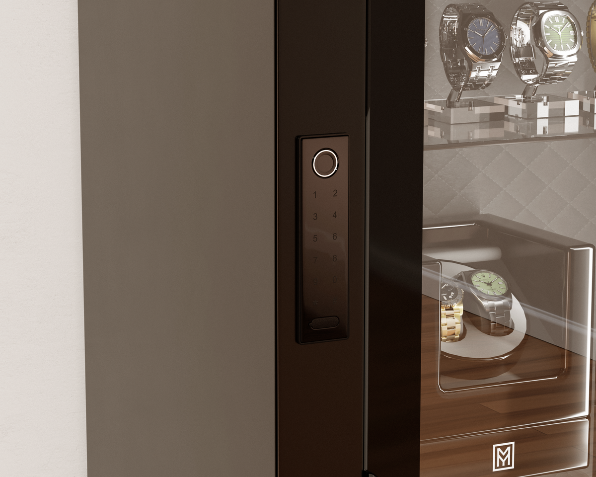 Mycube Glass in Onyx Black, close-up of the biometric keypad beside watches on display