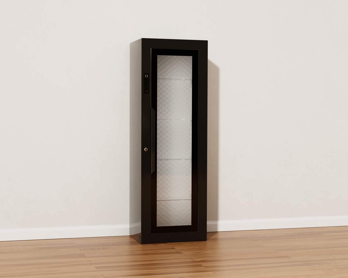 Mycube Glass in Onyx Black, three-quarter view with the glass door closed