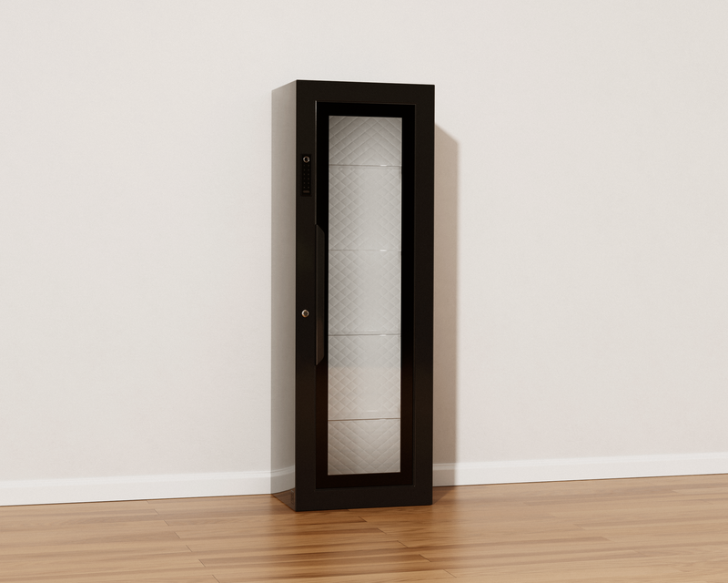 Mycube Glass in Onyx Black, three-quarter view with the glass door closed