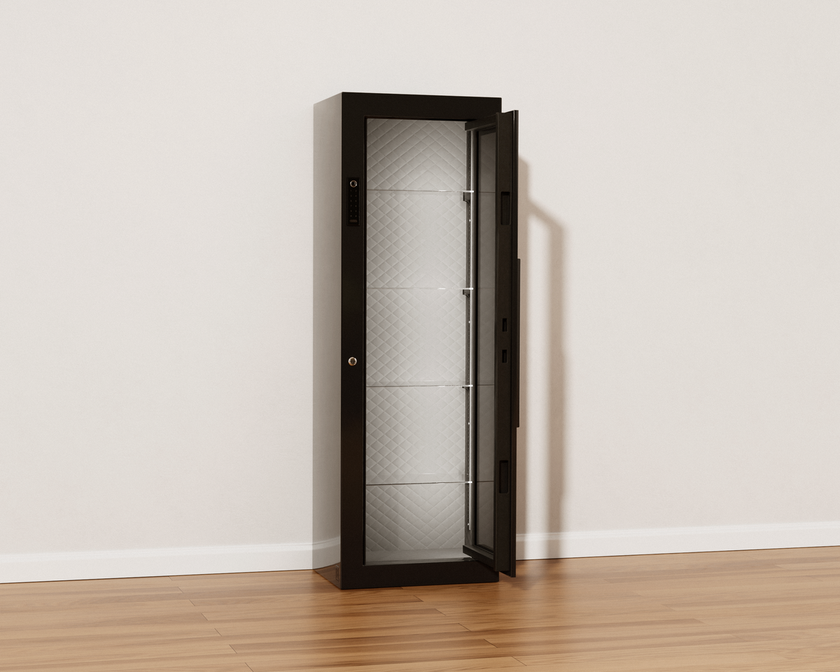 Mycube Glass in Onyx Black, three-quarter view with the door open on an empty interior