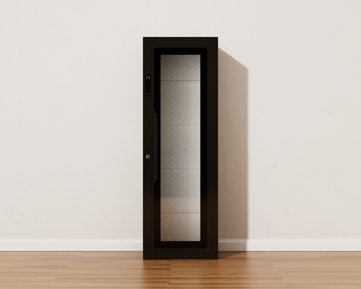Mycube Glass in Onyx Black, front view with the glass door closed