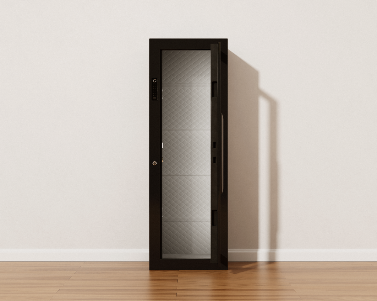 Mycube Glass in Onyx Black, front view with the door fully open