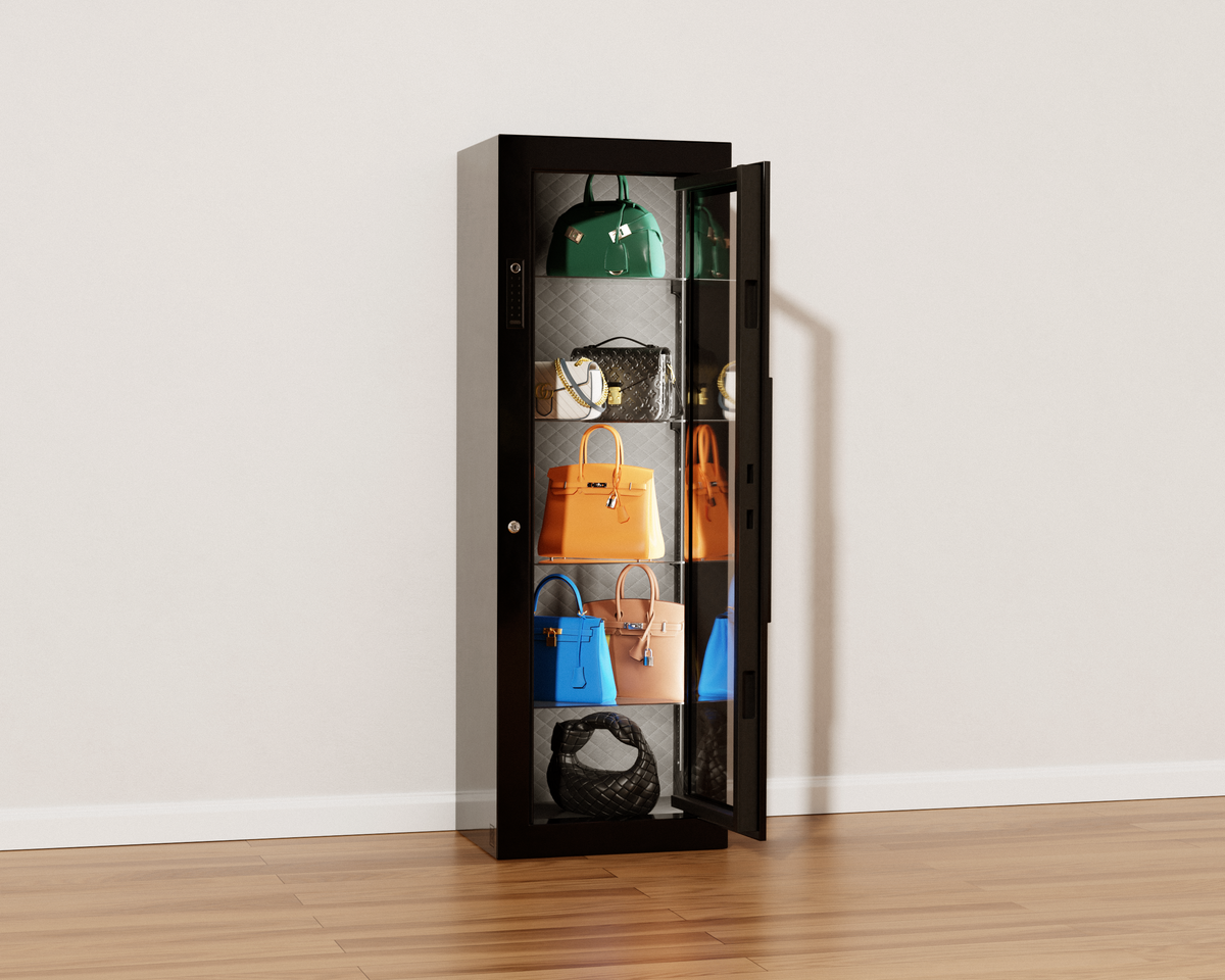 Mycube Glass in Onyx Black, door open on lit glass shelves displaying designer handbags