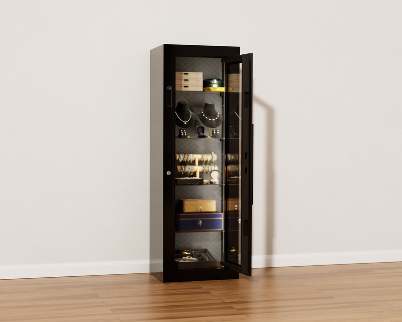 Mycube Glass in Onyx Black, door open on lit shelves of jewelry