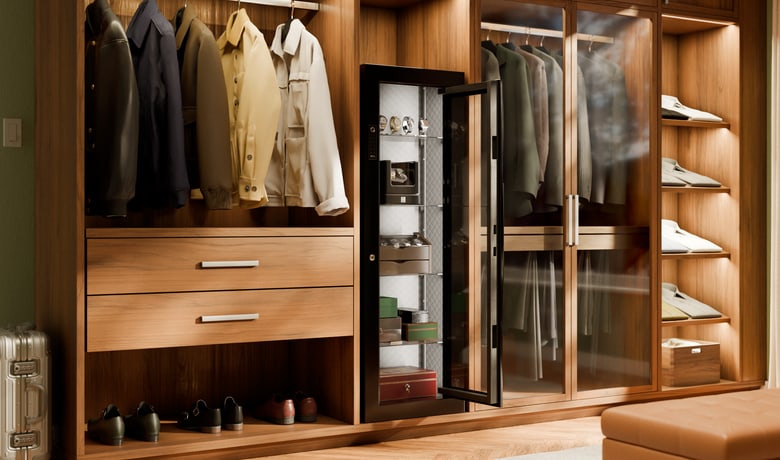Mycube Glass in Onyx Black in a walnut dressing room