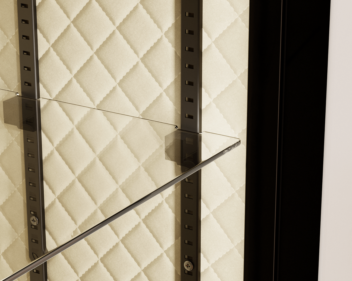 Mycube Glass in Mycube White, close-up of a glass shelf on adjustable rails against quilted lining