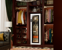 Mycube Glass in Mycube White, built into a dressing room closet, lit glass shelves displaying jewelry