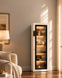 Mycube Glass in Mycube White in a sunlit living room, lit shelves displaying books, china, crystal and keepsakes