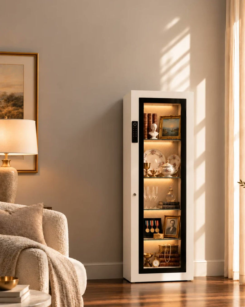 Mycube Glass in Mycube White in a sunlit living room, lit shelves displaying books, china, crystal and keepsakes