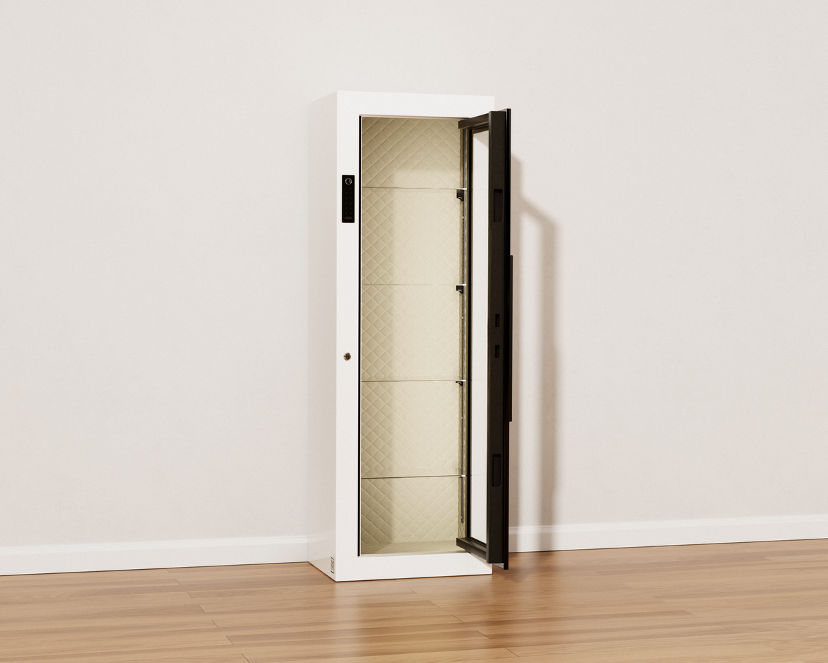 Mycube Glass in Mycube White, three-quarter view with the door open on the empty quilted interior