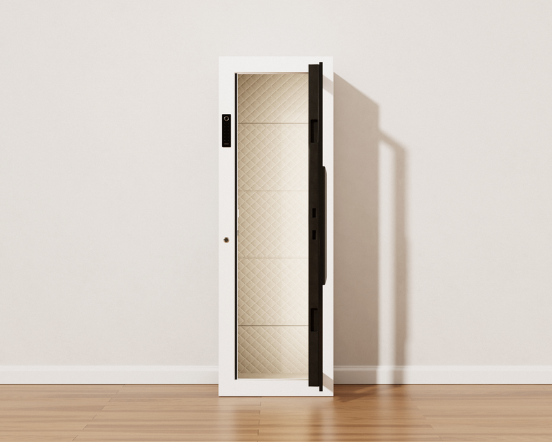 Mycube Glass in Mycube White, straight-on view with the door open and four glass shelves inside