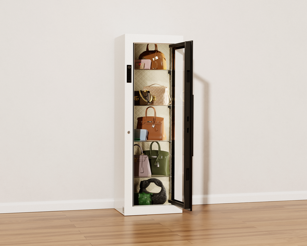 Mycube Glass in Mycube White, door open on lit glass shelves displaying designer handbags