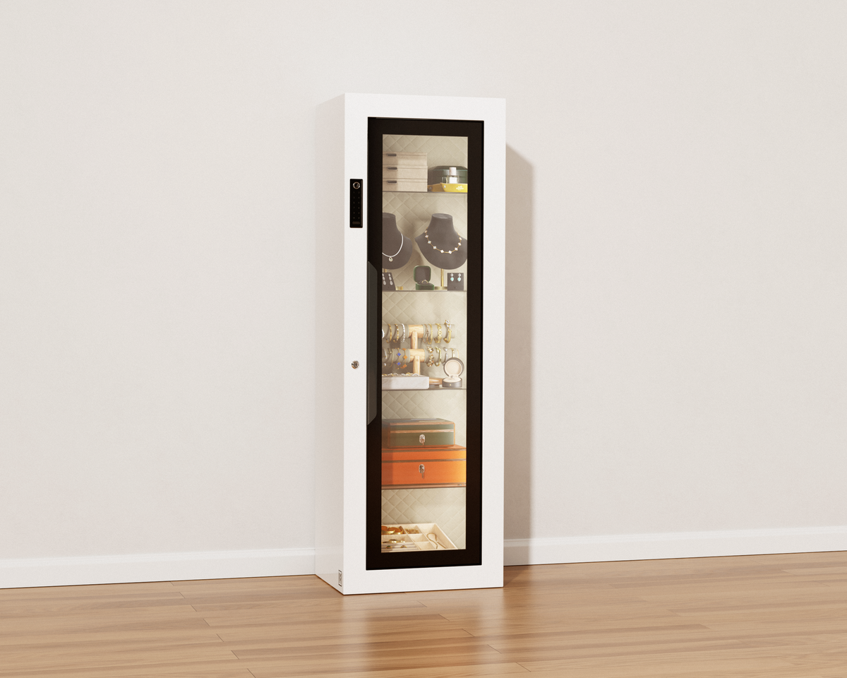 Mycube Glass in Mycube White, door closed with a jewelry collection on display behind the glass