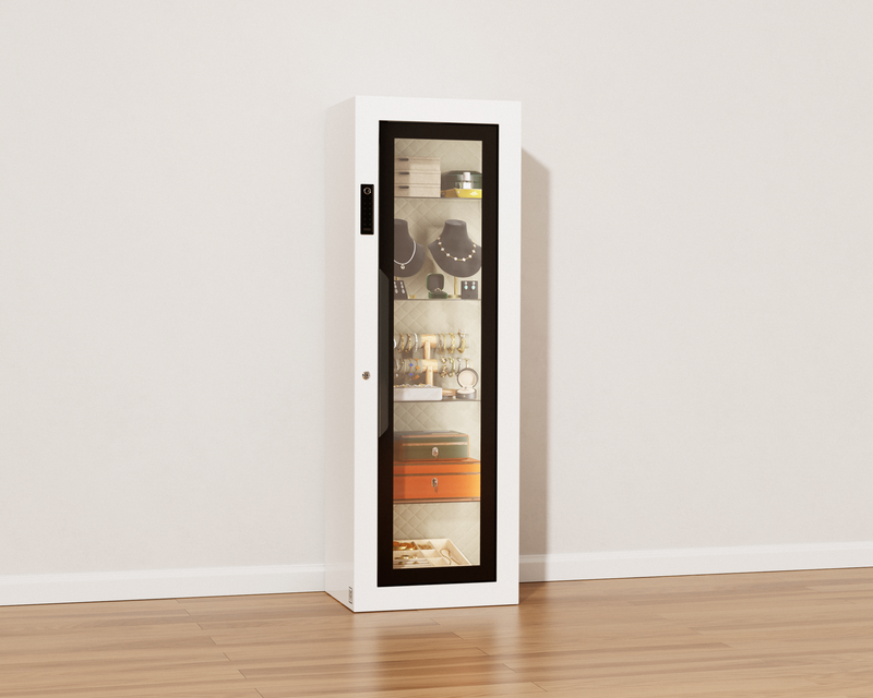 Mycube Glass in Mycube White, door closed with a jewelry collection on display behind the glass