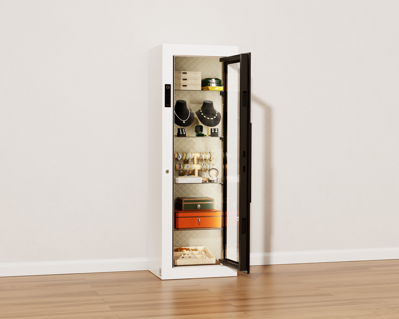 Mycube Glass in Mycube White, door open on lit glass shelves displaying jewelry