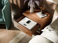 Mycube In-Drawer 15 inch safe in Mycube White, three-quarter view closed inside an open bedside drawer