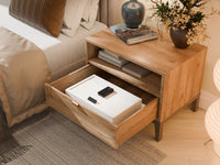 Mycube In-Drawer 19 inch safe in Mycube White, three-quarter view closed inside an open bedside drawer
