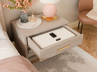 Mycube In-Drawer 23 inch safe in Mycube White, three-quarter view closed inside an open bedside drawer
