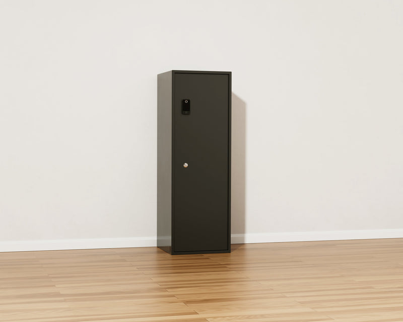 Mycube Max Grand safe in Onyx Black, three-quarter view with the door closed