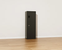 Mycube Max Plus safe in Onyx Black, three-quarter view with the door closed