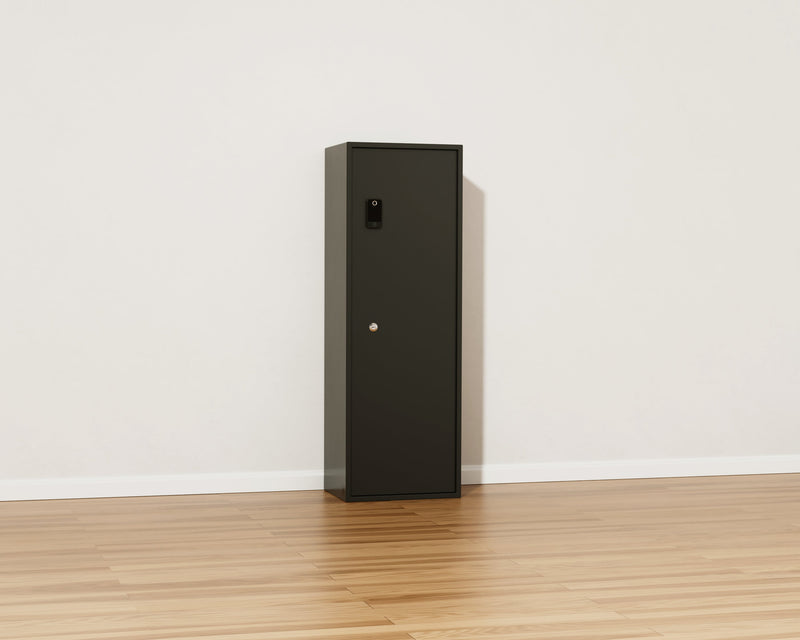 Mycube Max Plus safe in Onyx Black, three-quarter view with the door closed