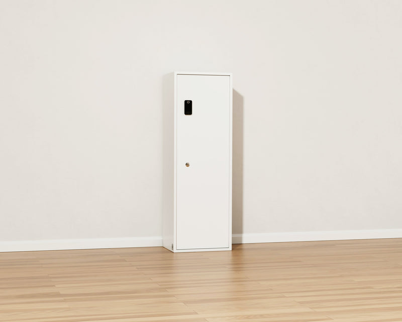 Mycube Max Plus safe in Mycube White, three-quarter view with the door closed