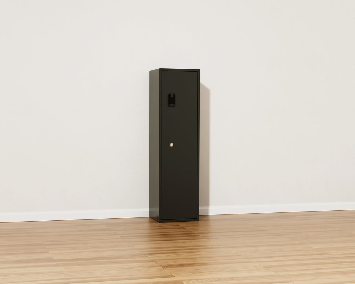 Mycube Max Classic safe in Onyx Black, three-quarter view with the door closed