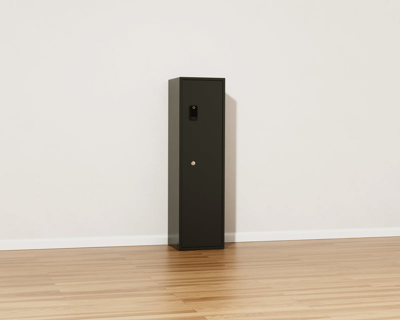 Mycube Max Classic safe in Onyx Black, three-quarter view with the door closed