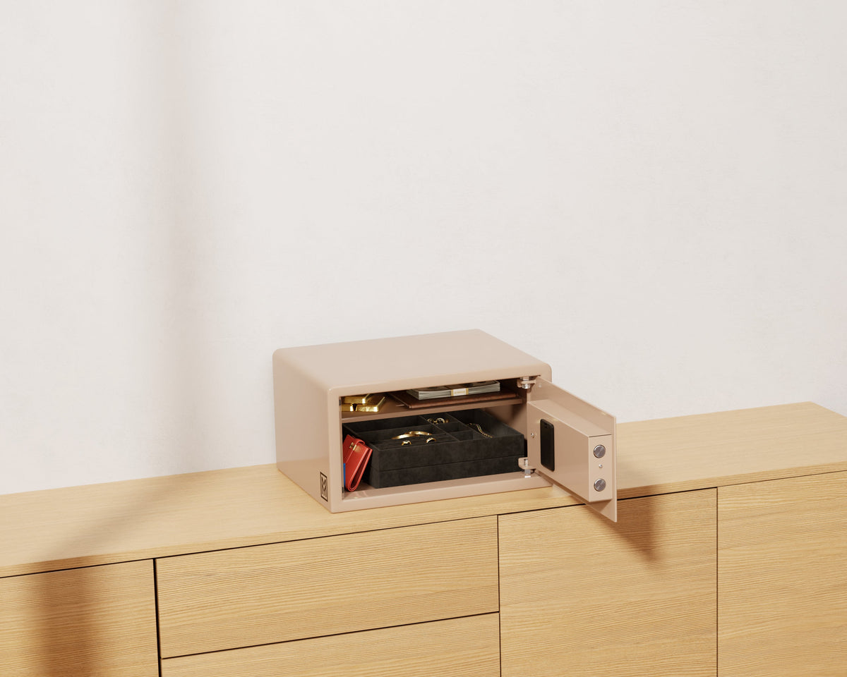 Mycube Mini safe in Cafe Au Lait with push-button keypad, three-quarter view with the door open