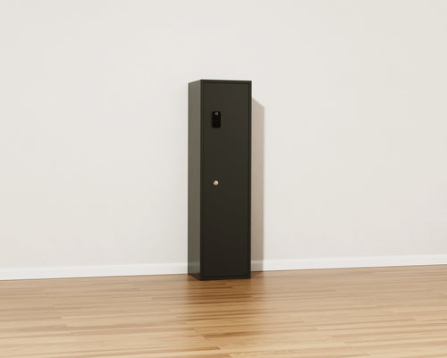 Mycube Max Select safe in Onyx Black, three-quarter view with the door closed