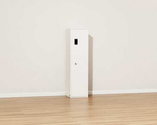 Mycube Max Select safe in Mycube White, three-quarter view with the door closed