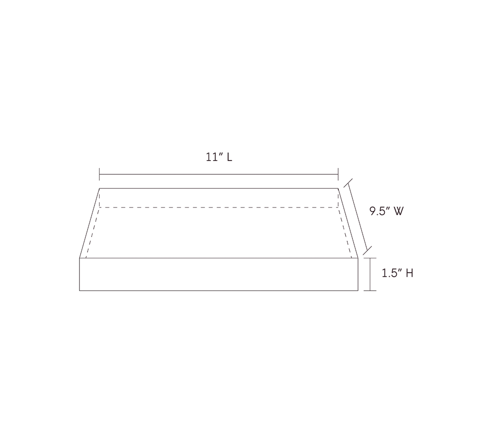 Line drawing of the Single Space Tray with dimensions of 11 inches in length, 9.5 inches in width, and 1.5 inches in height